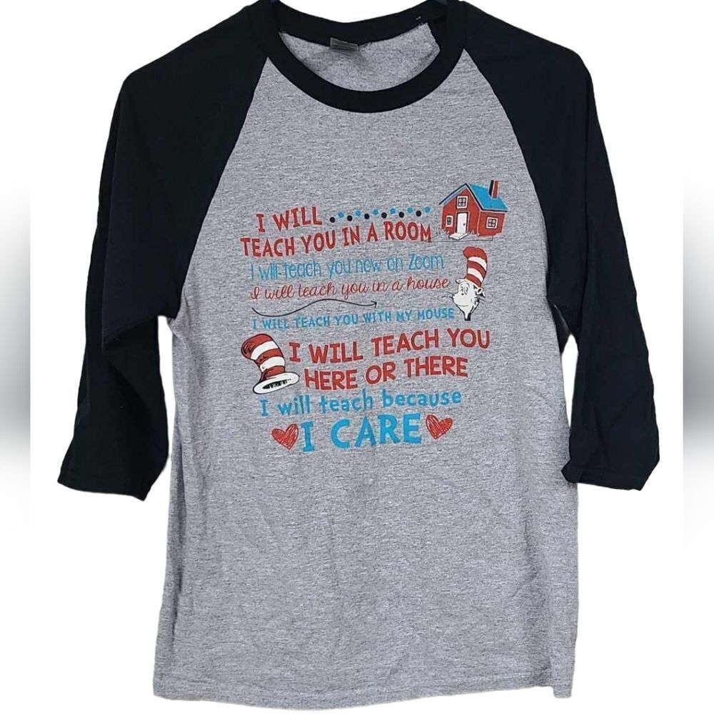 Cat In The Hat Teacher Rhyme Novelty Graphic Tee Small Raglan Baseball T-Shirt